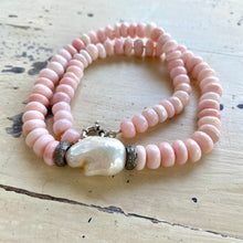 Cargar imagen en el visor de la galería, Pink Opal Candy Necklace with White Baroque Pearl and Diamonds, 18&quot;inches
