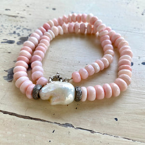 Pink Opal Candy Necklace with White Baroque Pearl and Diamonds, 18"inches