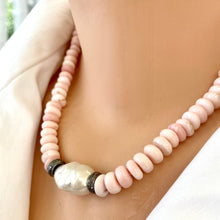 Load image into Gallery viewer, Pink Opal Candy Necklace with White Baroque Pearl and Diamonds, 18&quot;inches
