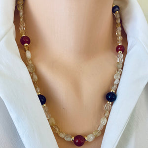 Citrine Bead Bonbons Necklace w Amethyst & Carnelian Accent Beads, Gold Plated, 21inches, November Birthstone
