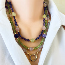 Charger l&#39;image dans la galerie, Rose Quartz, Amethyst, Citrine &amp; Prehnite Mixed Gemstone Necklace with Spring Gate Charm Holder, Gold Plated, 23&quot;or 24.5&quot;in

