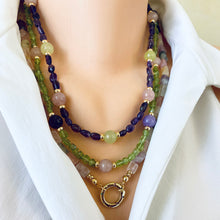 Carica l&#39;immagine nel visualizzatore di Gallery, Rose Quartz, Amethyst, Citrine &amp; Prehnite Mixed Gemstone Necklace with Spring Gate Charm Holder, Gold Plated, 23&quot;or 24.5&quot;in
