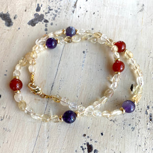 Citrine Bead Bonbons Necklace w Amethyst & Carnelian Accent Beads, Gold Plated, 21inches, November Birthstone
