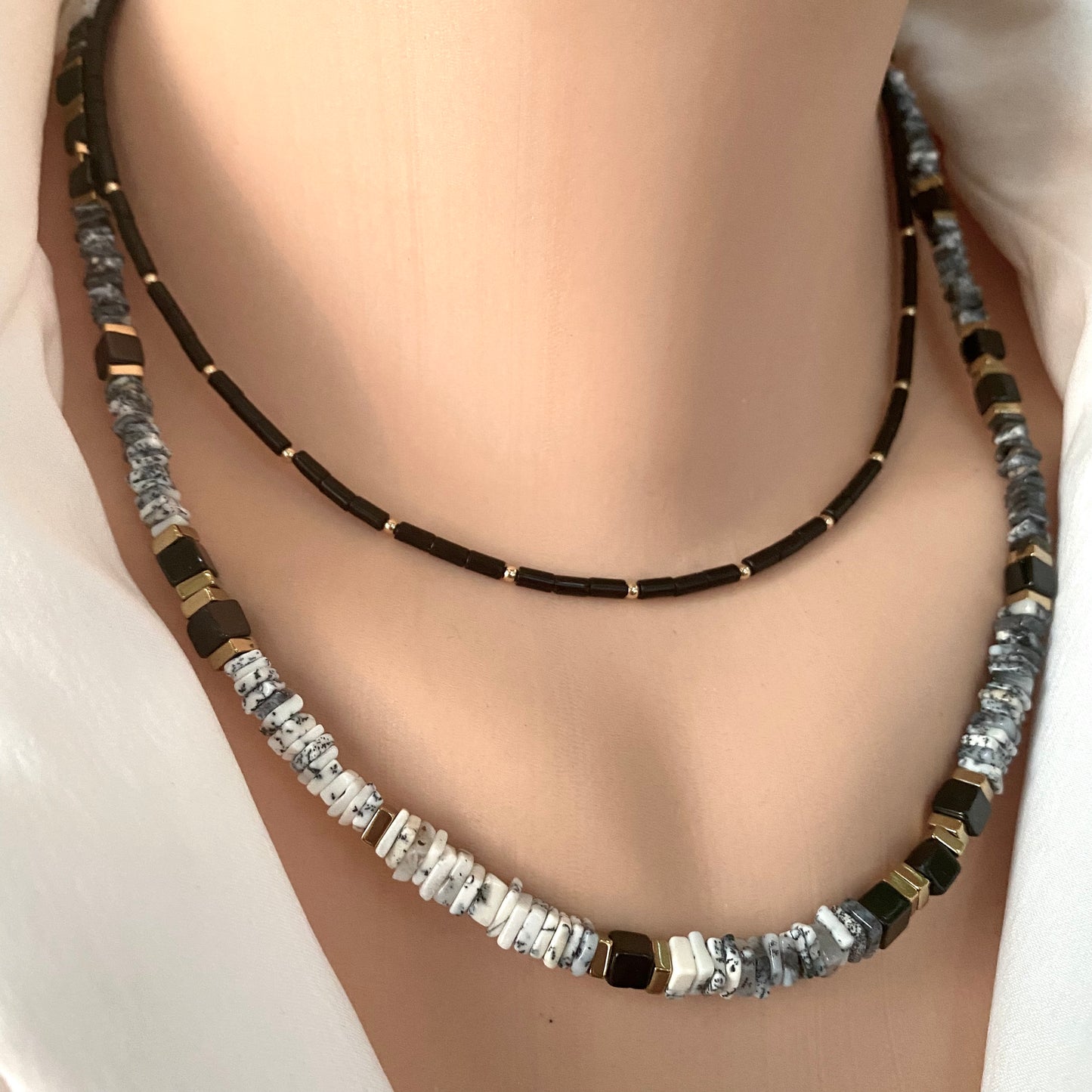 Dendritic opal necklace worn layered, modern opal and spinel necklace with gold accents