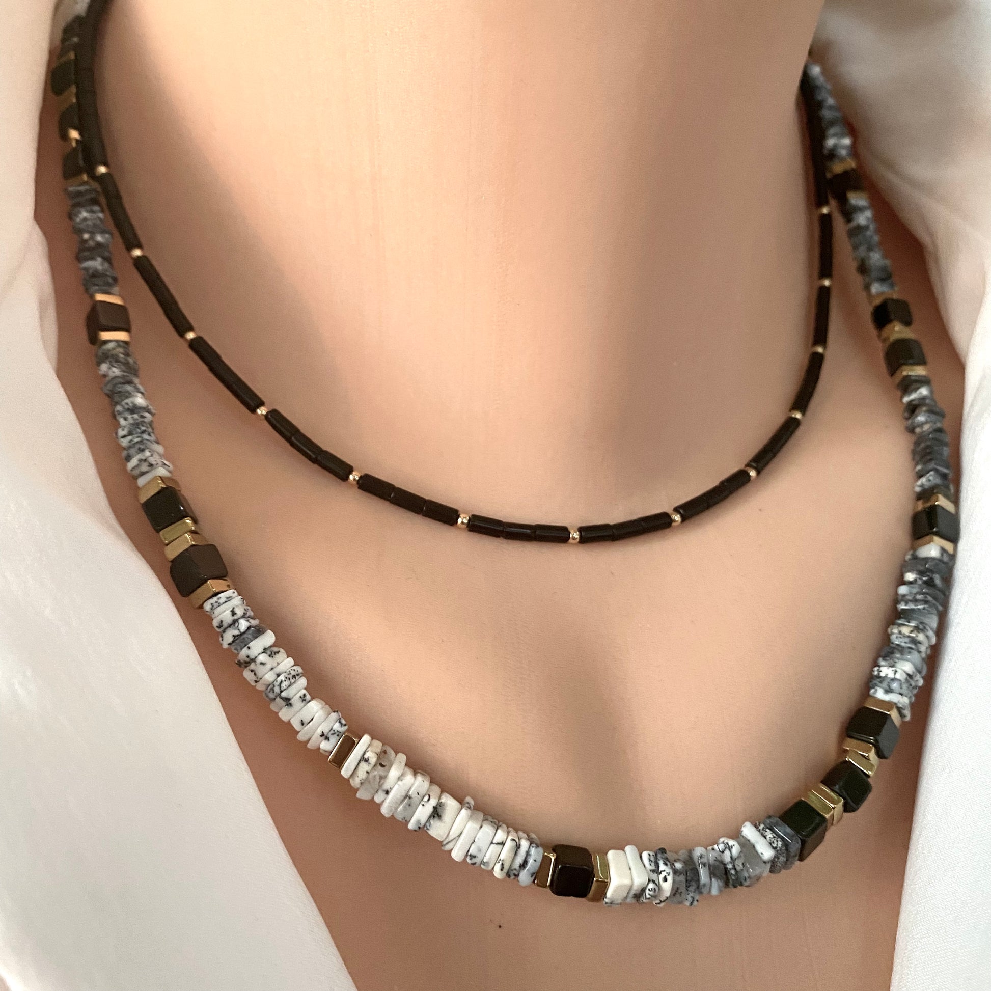 Dendritic opal necklace worn layered, modern opal and spinel necklace with gold accents