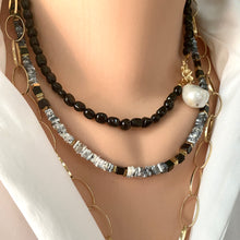 Charger l&#39;image dans la galerie, Dendritic Opal &amp; Black Spinel Necklace, Gold Plated Magnetic Clasp, 16&quot;or 19&quot;inches
