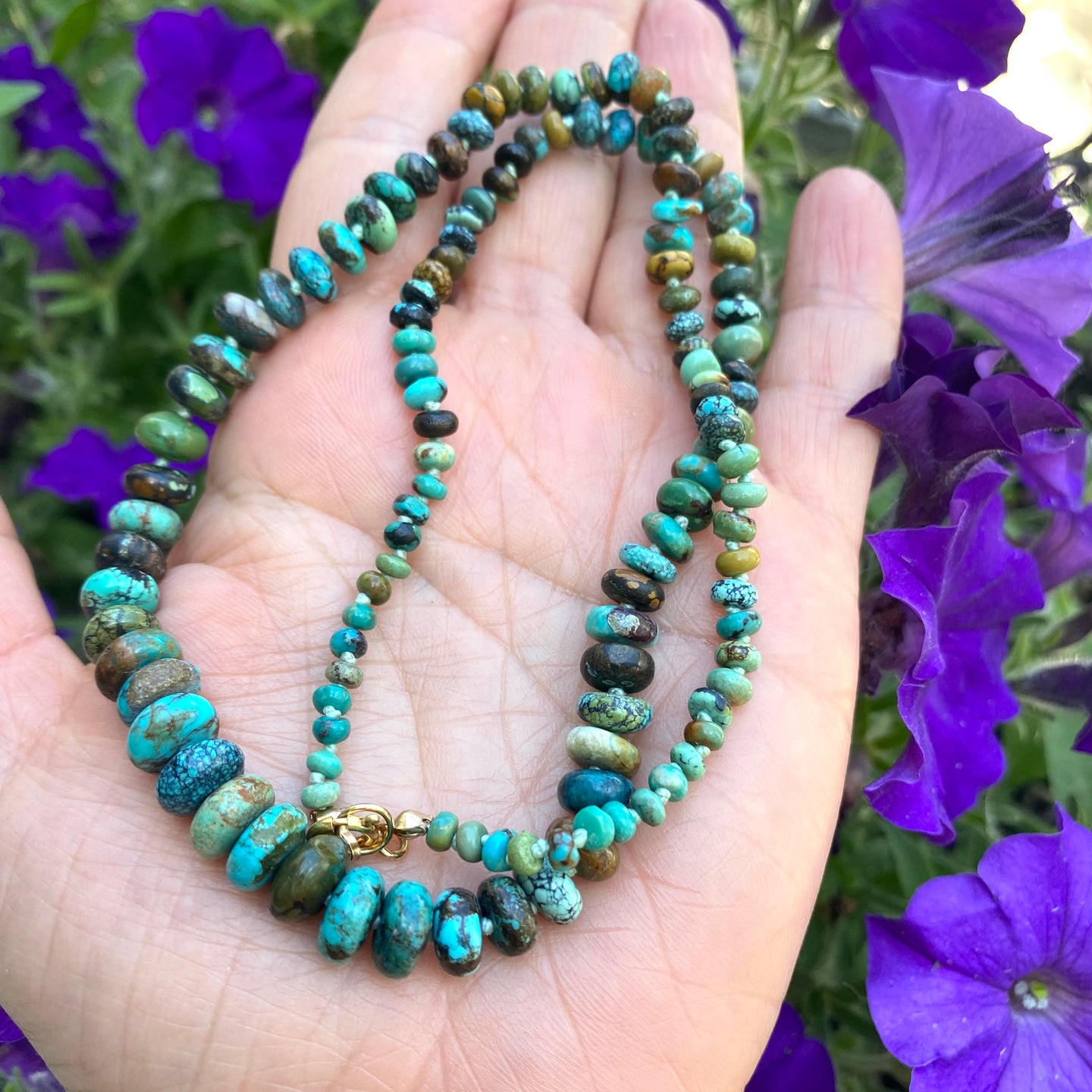 Hand Knotted and Graduated Genuine Turquoise Candy Necklace, Gold Filled Closure, 20