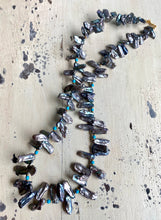 Carica l&#39;immagine nel visualizzatore di Gallery, Blue Grey Biwa Keshi FreshWater Pearl &amp; Turquoise Necklace, Vermeil, 20.5&quot;in
