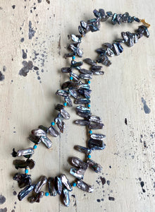 Blue Grey Biwa Keshi FreshWater Pearl & Turquoise Necklace, Vermeil, 20.5"in