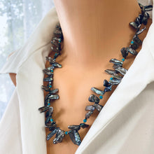 Carica l&#39;immagine nel visualizzatore di Gallery, Blue Grey Biwa Keshi FreshWater Pearl &amp; Turquoise Necklace, Vermeil, 20.5&quot;in
