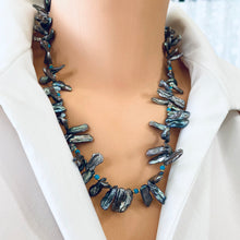 Charger l&#39;image dans la galerie, Blue Grey Biwa Keshi FreshWater Pearl &amp; Turquoise Necklace, Vermeil, 20.5&quot;in
