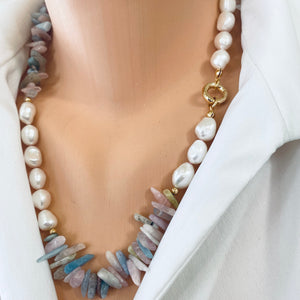 Morganite, Aquamarine Chips & Freshwater Pearls Asymmetric Necklace, 20.5"inches