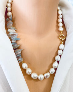 Morganite, Aquamarine Chips & Freshwater Pearls Asymmetric Necklace, 20.5"inches