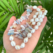 Cargar imagen en el visor de la galería, Morganite, Aquamarine Chips &amp; Freshwater Pearls Asymmetric Necklace, 20.5&quot;inches
