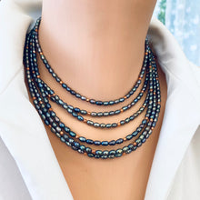 Load image into Gallery viewer, Black Mini Rice pearl Necklace w Solid Copper Beads &amp; Rose Gold Filled Closure, 14.5 to 19&quot;inches
