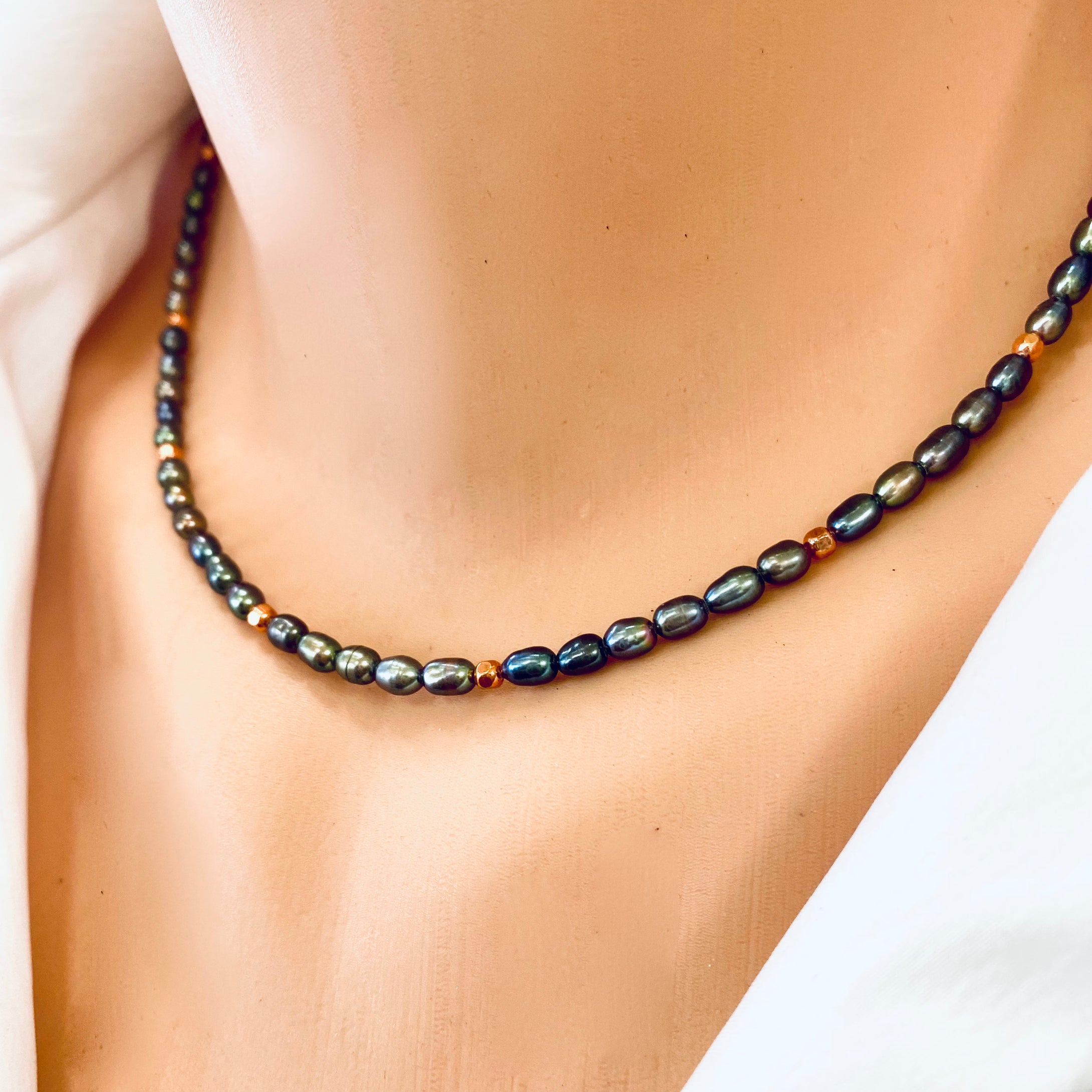 Black Mini Rice pearl Necklace w Solid Copper Beads & Rose Gold Filled Closure, 14.5 to 19
