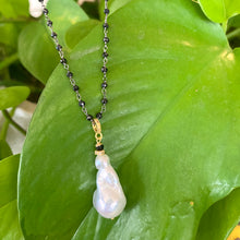 Load image into Gallery viewer, Black Spinel Rosary Chain, Pearl &amp; Pave Diamonds Pendant, Vermeil and Black Rhodium Plated Silver, 27&quot;in
