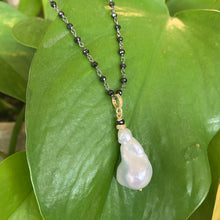 Load image into Gallery viewer, Black Spinel Rosary Chain, Pearl &amp; Pave Diamonds Pendant, Vermeil and Black Rhodium Plated Silver, 27&quot;in
