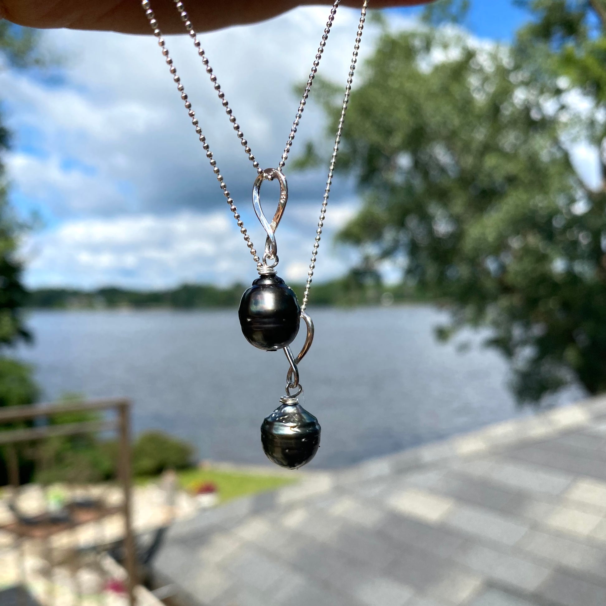 Tahitian teardrop pearl pendant necklace by the water, dark pearl pendant on sterling silver chain