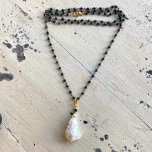 Load image into Gallery viewer, Black Spinel Rosary Chain, Pearl &amp; Pave Diamonds Pendant, Vermeil and Black Rhodium Plated Silver, 27&quot;in
