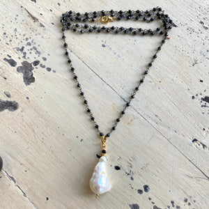 Black Spinel Rosary Chain, Pearl & Pave Diamonds Pendant, Vermeil and Black Rhodium Plated Silver, 27"in