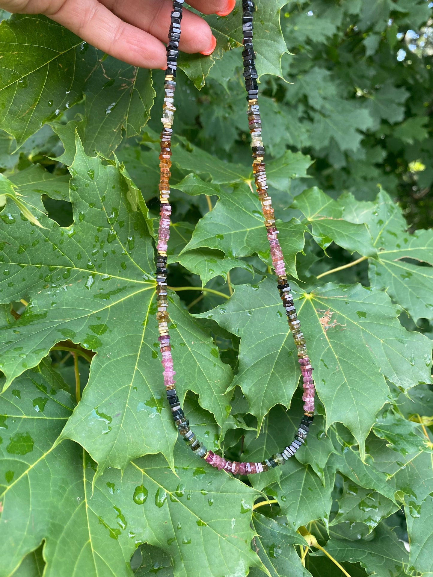Tourmaline Necklace 14k Gold Filled hanging on green leaves, watermelon tourmaline bead strand