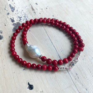 Red Coral Short Necklace with Natural Baroque Pearl and Sterling Silver Details, 18"inches