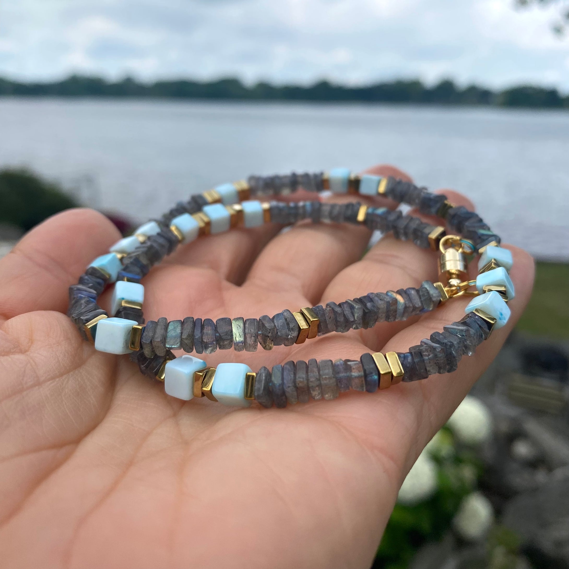 Labradorite & Blue Peru Opal Beaded Necklace, Square Heishi, Cube Gemstones, Gold Plated Magnetic Clasp, 18