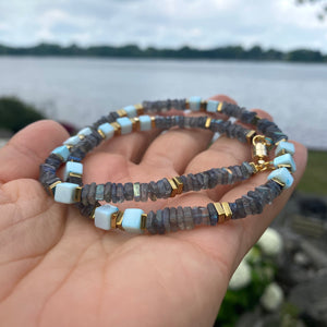 Labradorite & Blue Peru Opal Beaded Necklace, Square Heishi, Cube Gemstones, Gold Plated Magnetic Clasp, 18"in