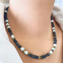 Load image into Gallery viewer, Labradorite &amp; Blue Peru Opal Beaded Necklace, Square Heishi, Cube Gemstones, Gold Plated Magnetic Clasp, 18&quot;in
