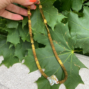 Gold Hematite Beads & Large Square Freshwater Keshi Pearl Necklace, Vermeil Toggle Clasp, 17"or 18.5"in