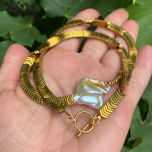 Gold Hematite Beads & Large Square Freshwater Keshi Pearl Necklace, Vermeil Toggle Clasp, 17"or 18.5"in