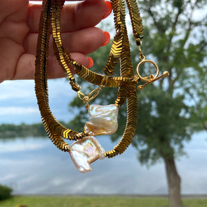 Gold Hematite Beads & Large Square Freshwater Keshi Pearl Necklace, Vermeil Toggle Clasp, 17"or 18.5"in