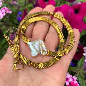 Gold Hematite Beads & Large Square Freshwater Keshi Pearl Necklace, Vermeil Toggle Clasp, 17"or 18.5"in
