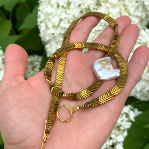 Gold Hematite Beads & Large Square Freshwater Keshi Pearl Necklace, Vermeil Toggle Clasp, 17"or 18.5"in