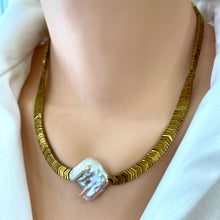 Load image into Gallery viewer, Gold Hematite Beads &amp; Large Square Freshwater Keshi Pearl Necklace, Vermeil Toggle Clasp, 17&quot;or 18.5&quot;in
