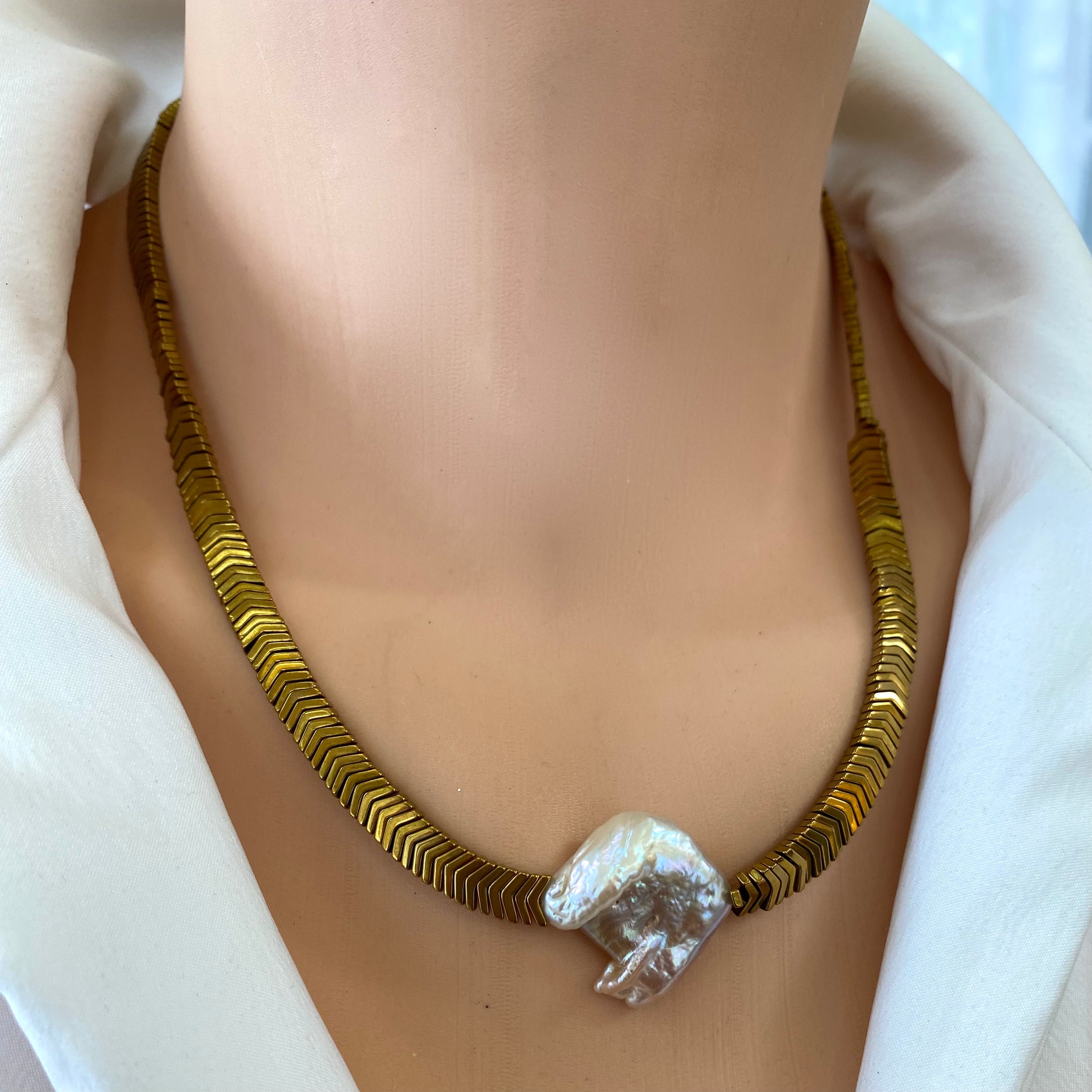 Gold Hematite Beads & Large Square Freshwater Keshi Pearl Necklace, Vermeil Toggle Clasp, 17