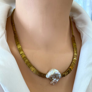Gold Hematite Beads & Large Square Freshwater Keshi Pearl Necklace, Vermeil Toggle Clasp, 17"or 18.5"in