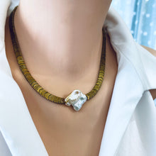 Load image into Gallery viewer, Gold Hematite Beads &amp; Large Square Freshwater Keshi Pearl Necklace, Vermeil Toggle Clasp, 17&quot;or 18.5&quot;in
