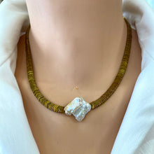 Charger l&#39;image dans la galerie, Gold Hematite Beads &amp; Large Square Freshwater Keshi Pearl Necklace, Vermeil Toggle Clasp, 17&quot;or 18.5&quot;in
