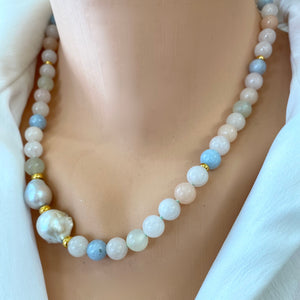 Morganite, Aquamarine & Baroque Pearl Beaded Necklace, Vermeil Details, 19.5"in