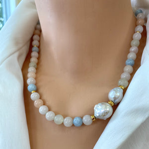 Morganite, Aquamarine & Baroque Pearl Beaded Necklace, Vermeil Details, 19.5"in