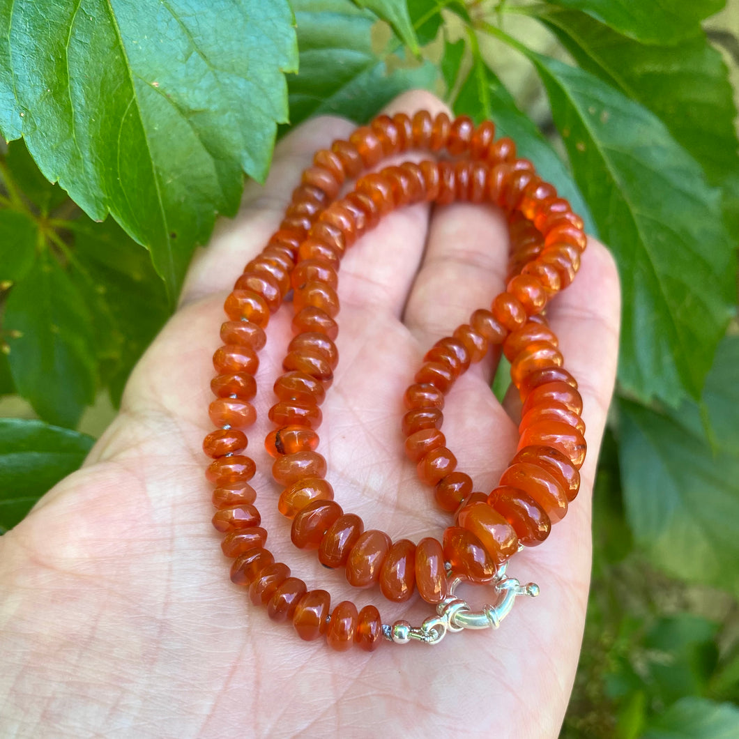Hand Knotted Carnelian Candy Necklace, Sterling Silver Marine Closure, 18.5