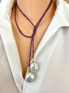 Single Strand of Amethyst & two Baroque Pearls Lariat Necklace, February Birthstone, 42.5"in