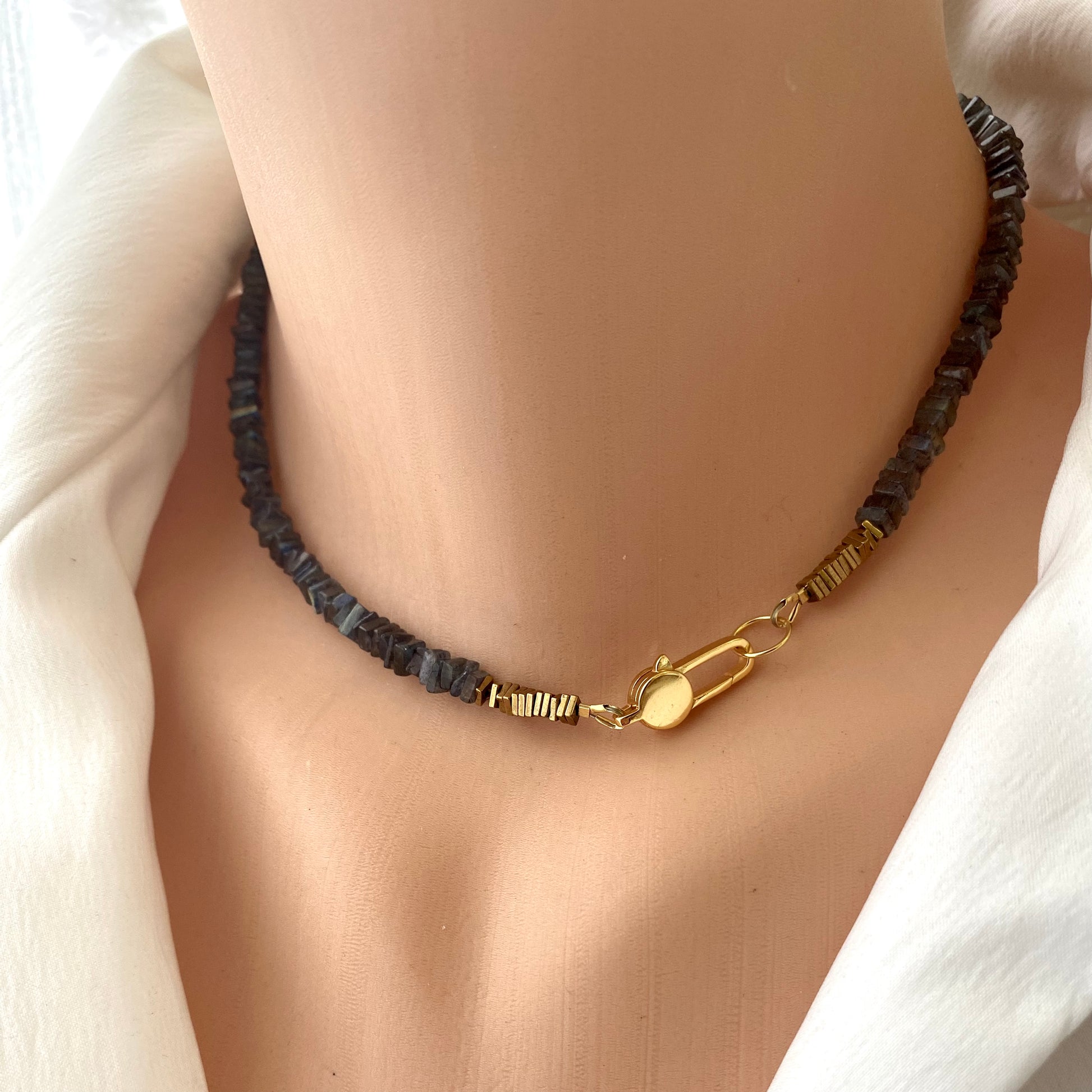 LABRADORITE CHOKER NECKLACE WITH GOLD VERMEIL LOBSTER CLASP AND GOLDEN HEMATITE BEADS