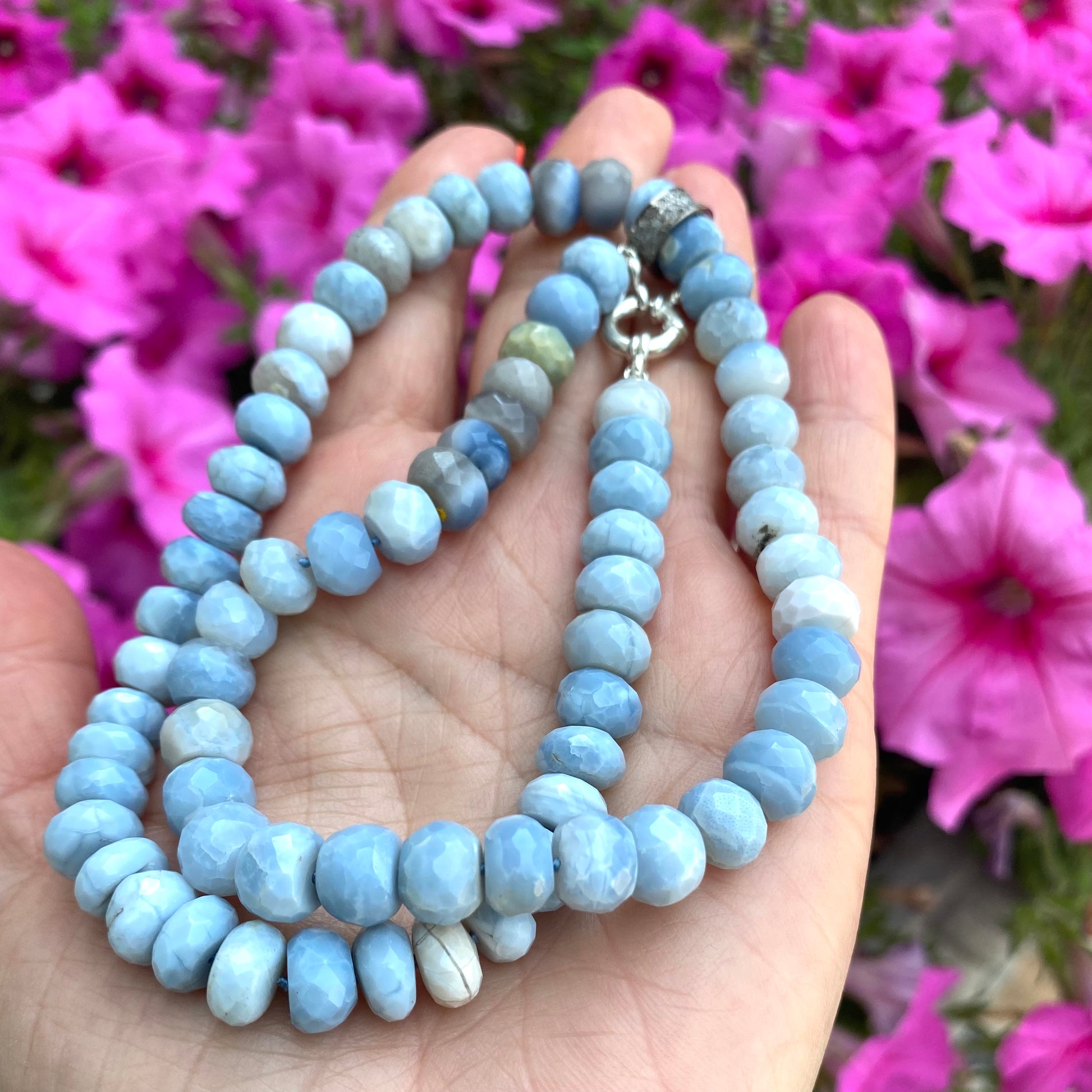 Boulder opal diamond necklace handmade in Canada with blue grey opal beads