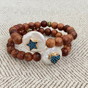 Sandalwood Stretchy Bracelet Turquoise Heart & Star, Coin Pearl Bracelet