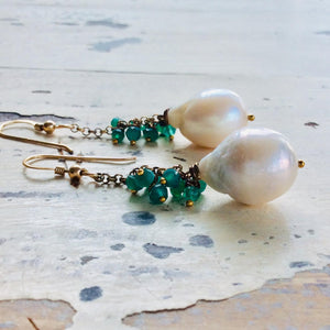 White Baroque Pearls Dangle Earrings, Women Green Onyx Earrings