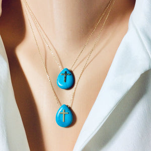 Pendentif en or massif 18 carats avec turquoise, pendentif croix et chaîne en or massif de 40 ou 45 cm de long