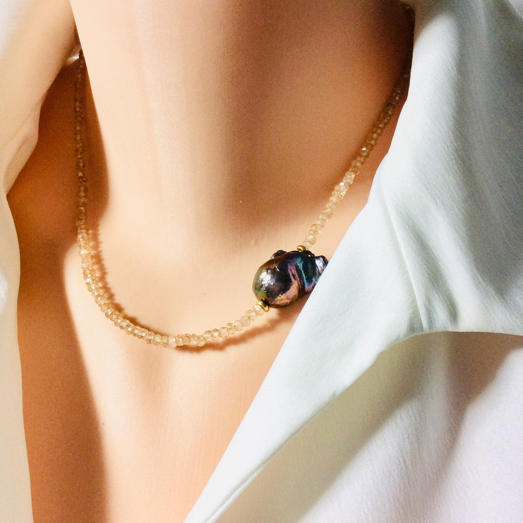 Citrine & Baroque Pearl Necklace November Birthstone